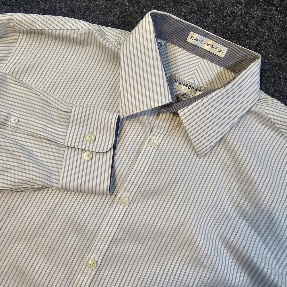 Jhane Barnes Slim Fit Non Iron Dress Shirt Mens 16.5 32/33 Gray Striped